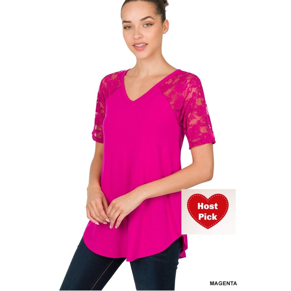 Short Sleeves Top - Bright Magenta Color - Lace Sleeves - Round Hem